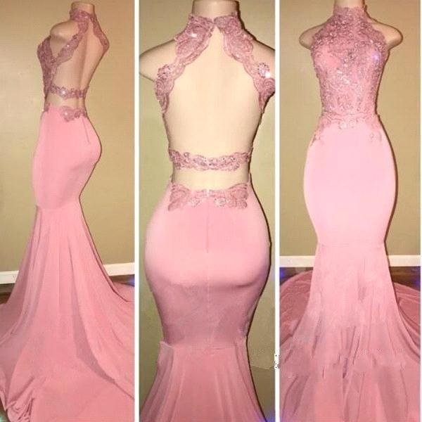 Pink Open-Back High-Neck Prom Dresses | Long Mermaid Appliques Evening Dresses
