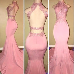 Pink Open-Back High-Neck Prom Dresses | Long Mermaid Appliques Evening Dresses