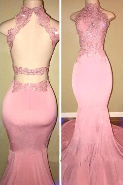Pink Open-Back High-Neck Prom Dresses | Long Mermaid Appliques Evening Dresses