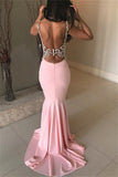 Pink Open Back Prom Dresses | Sleeveless Mermaid Crystal Evening Gowns