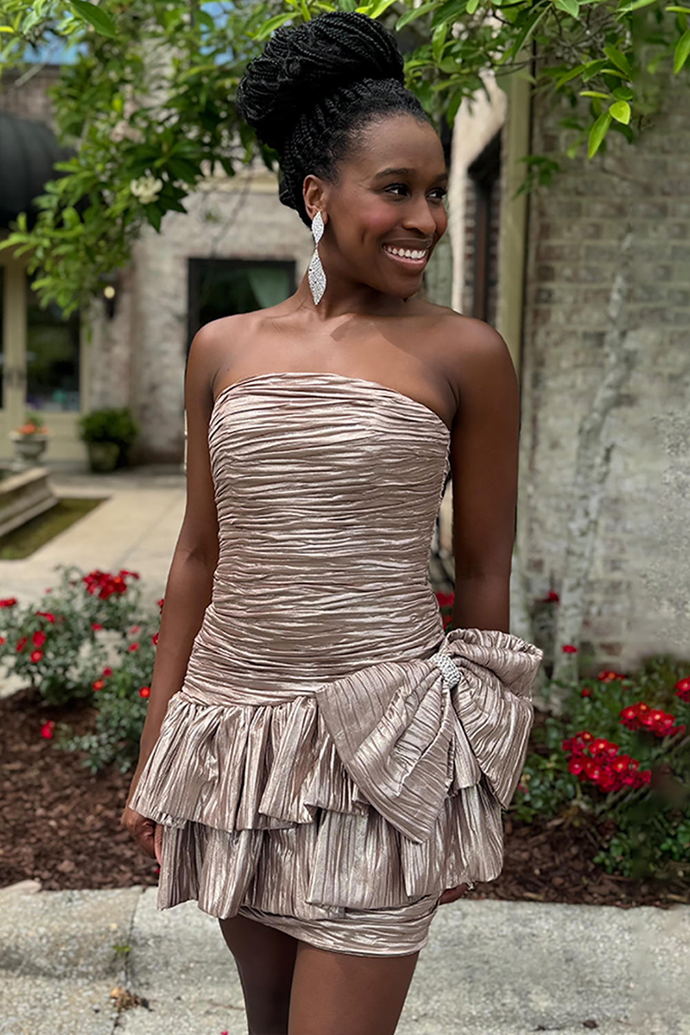 Pink Pleated A Line Homecoming Dresses Short Cocktail Dresses With Bow