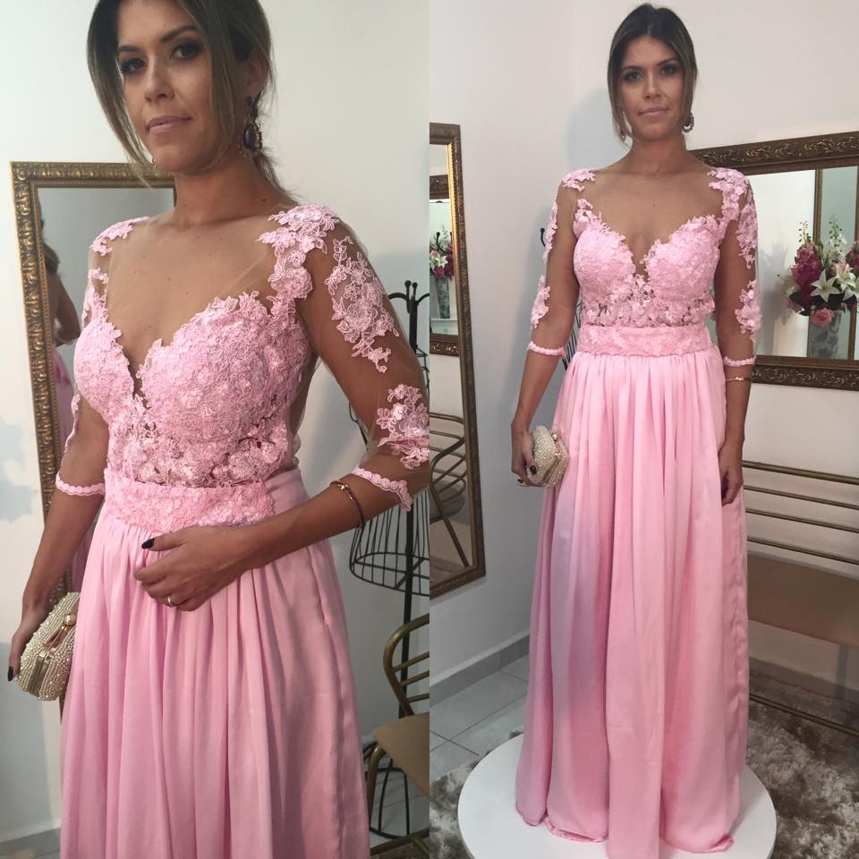 Pink Prom Dress 3/4 Sleeved Long Evening Dress with Lace Appliques