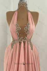 Pink Prom Dress A Line Halter High Neck Beaded Sleeveless Floor Length Chiffon Formal Dress