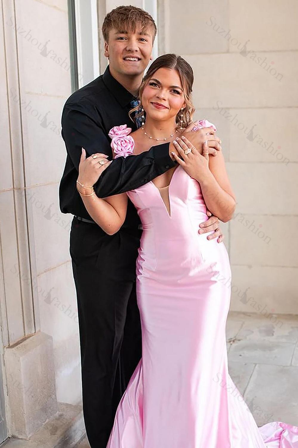 Pink Prom Dress Floral V-Neck Satin Mermaid Long Formal Dress