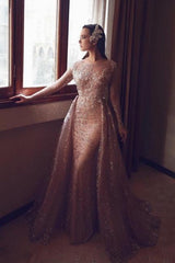Pink Prom Dress Mermaid Beaded Panel Train Tulle Formal Dress With Appliques
