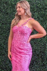 Pink Prom Dress Mermaid Corset Long Lace Formal Dress