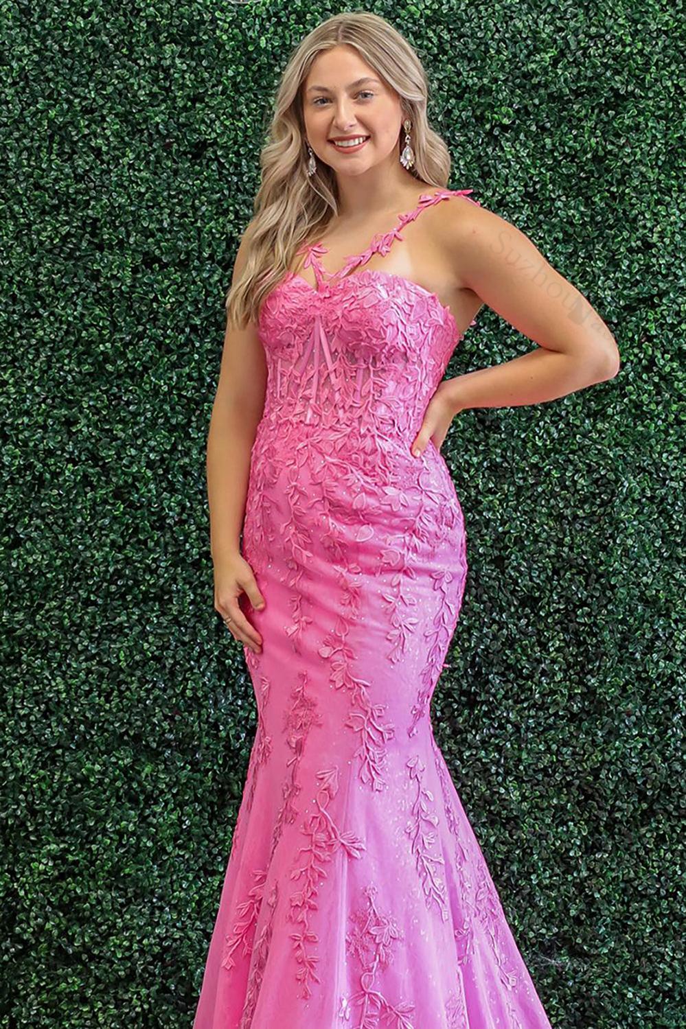 Pink Prom Dress Mermaid Corset Long Lace Formal Dress