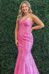 Pink Prom Dress Mermaid Corset Long Lace Formal Dress