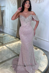 Pink Prom Dress Mermaid Crew One Shoulder Sleeveless Beaded Tulle Formal Dress With Rhinestone