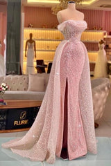 Pink Prom Dress Mermaid Strapless Off The Shoulder Sequined Panel Train Tulle Formal Dress With Slit