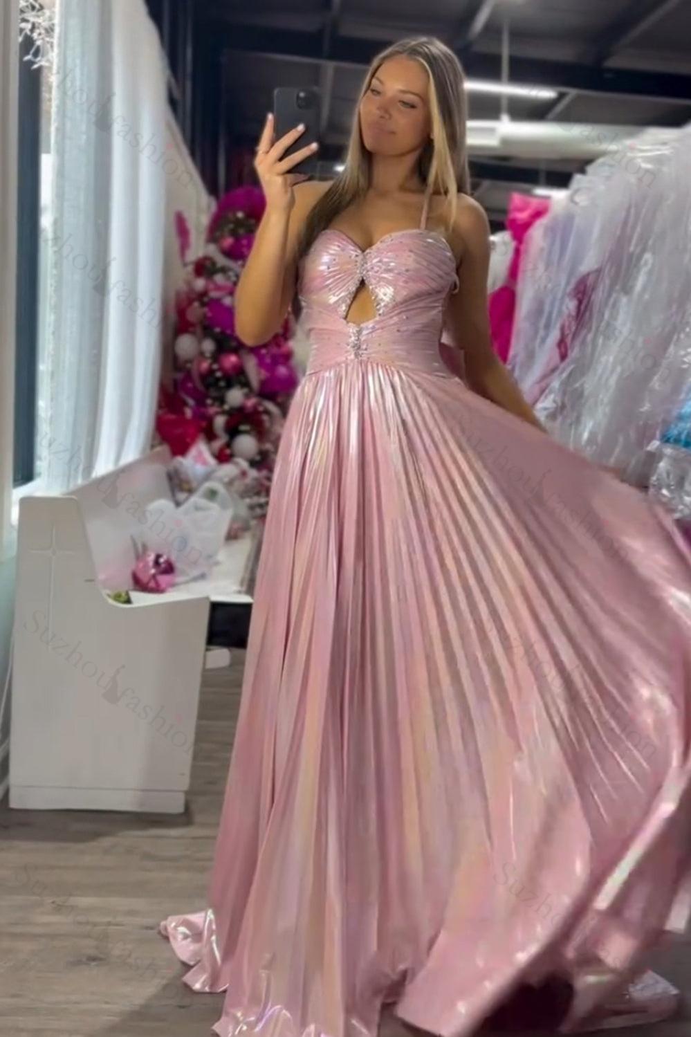 Pink Prom Dress Metallic Pleated A-Line Long Formal Dress With Slit