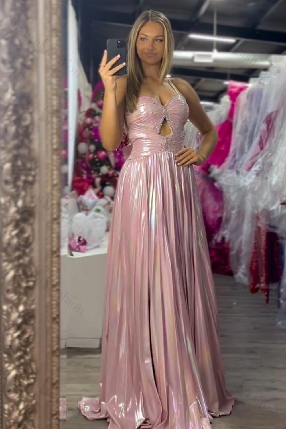 Pink Prom Dress Metallic Pleated A-Line Long Formal Dress With Slit