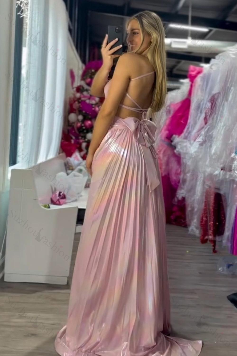 Pink Prom Dress Metallic Pleated A-Line Long Formal Dress With Slit