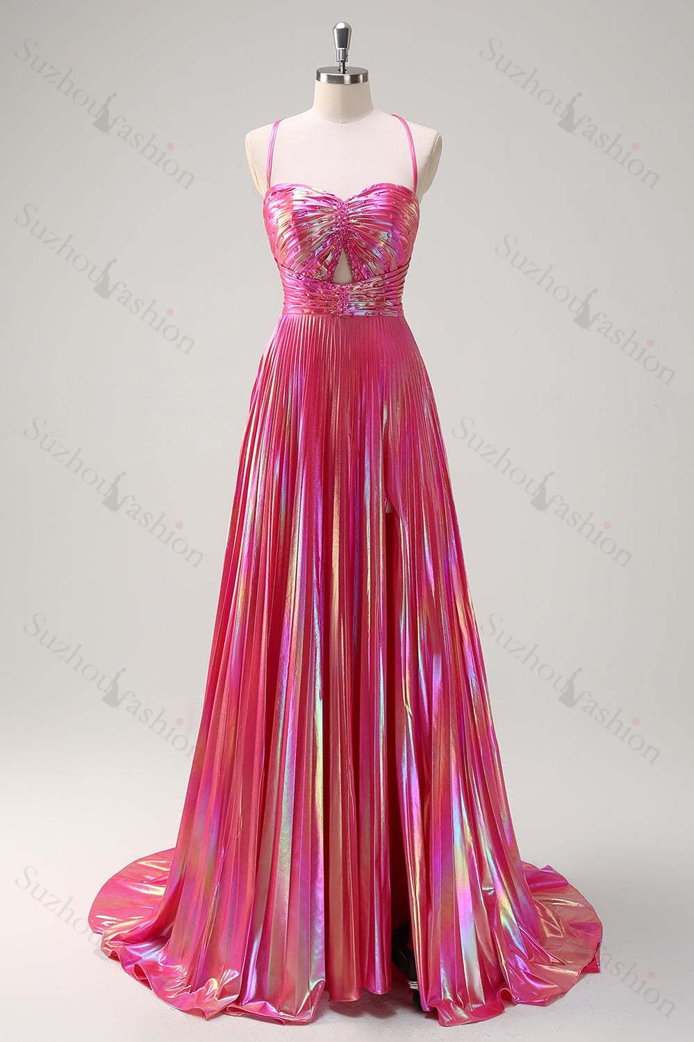 Pink Prom Dress Metallic Pleated A-Line Long Formal Dress With Slit