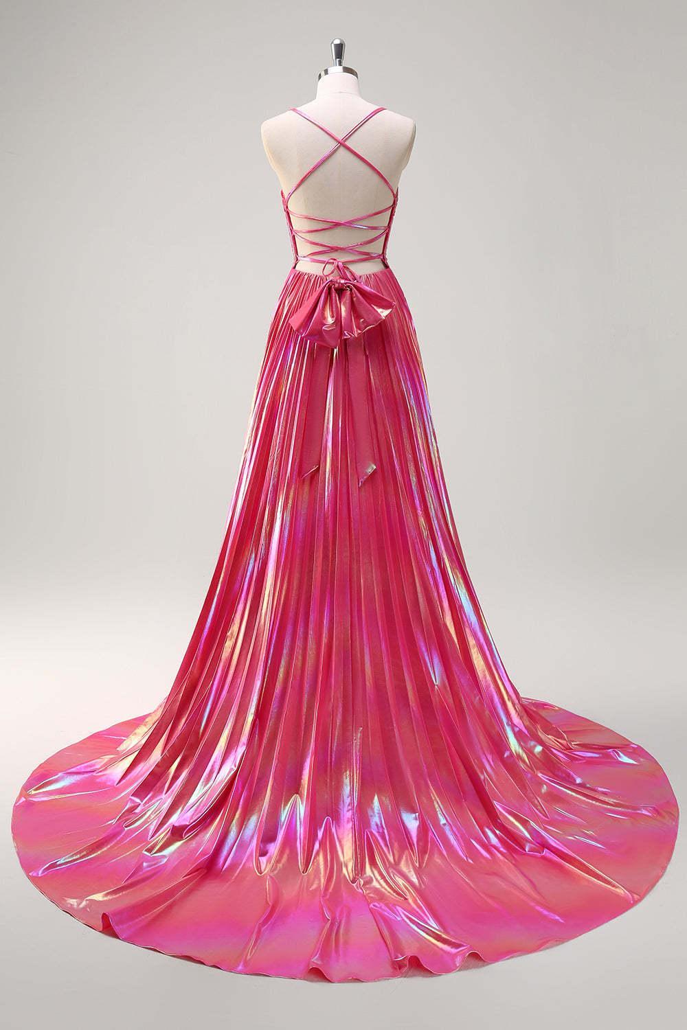 Pink Prom Dress Metallic Pleated A-Line Long Formal Dress With Slit