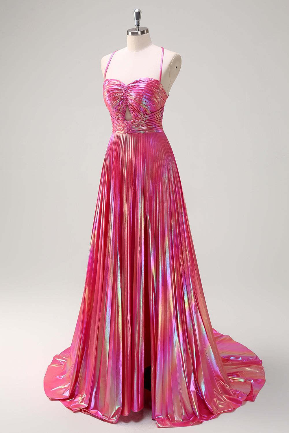 Pink Prom Dress Metallic Pleated A-Line Long Formal Dress With Slit