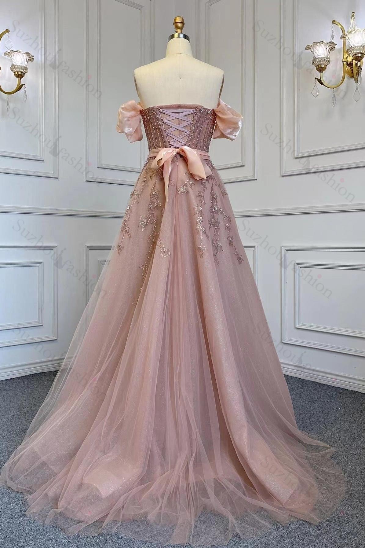 Pink Prom Dress Off-the-Shoulder Bubble Sleeves Evening Formal Dress Belt with Sequined Tulle