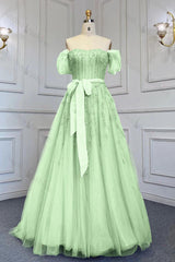 Pink Prom Dress Off-the-Shoulder Bubble Sleeves Evening Formal Dress Belt with Sequined Tulle