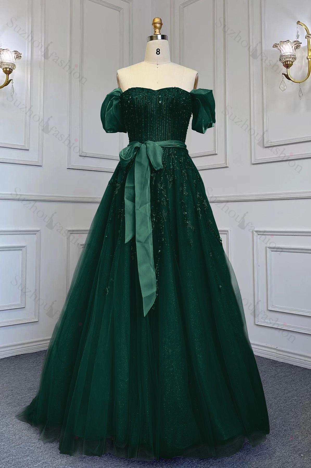 Pink Prom Dress Off-the-Shoulder Bubble Sleeves Evening Formal Dress Belt with Sequined Tulle