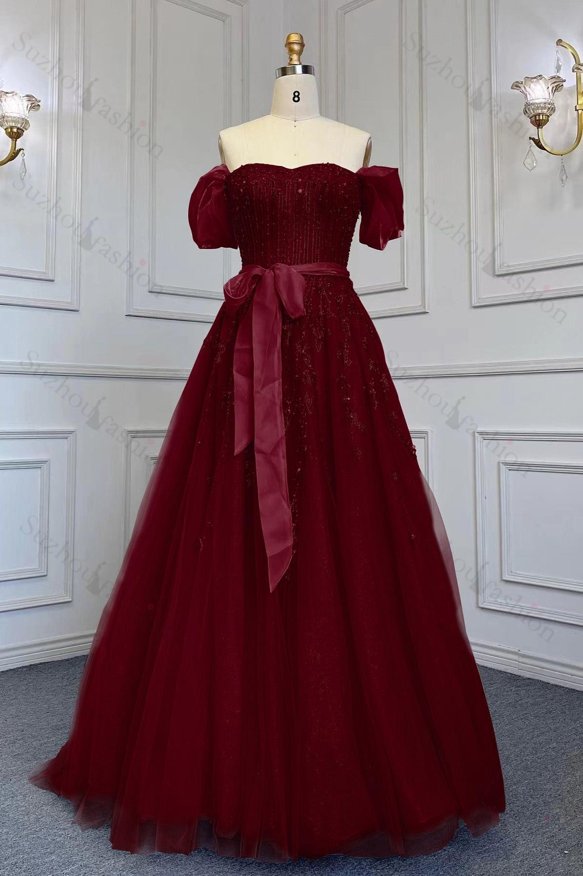 Pink Prom Dress Off-the-Shoulder Bubble Sleeves Evening Formal Dress Belt with Sequined Tulle