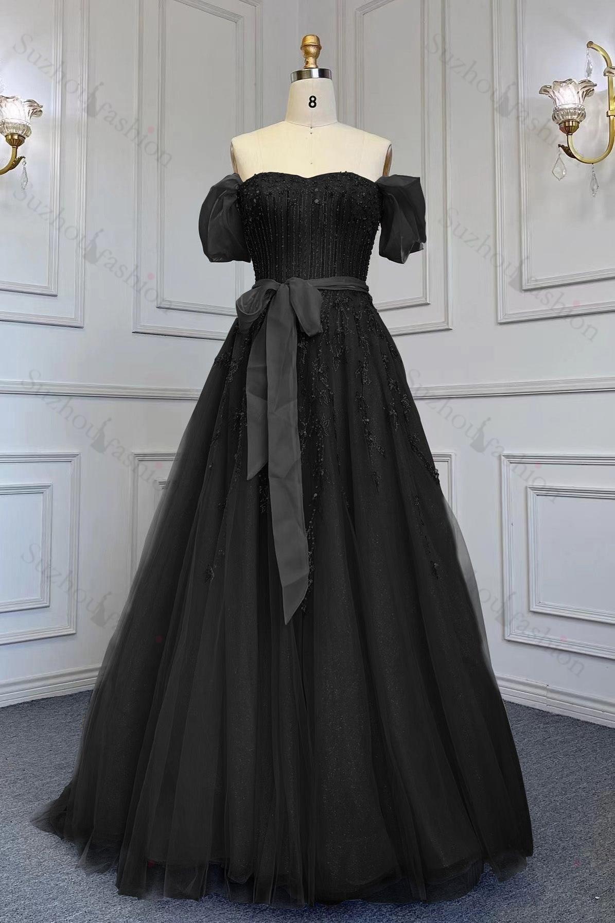 Pink Prom Dress Off-the-Shoulder Bubble Sleeves Evening Formal Dress Belt with Sequined Tulle