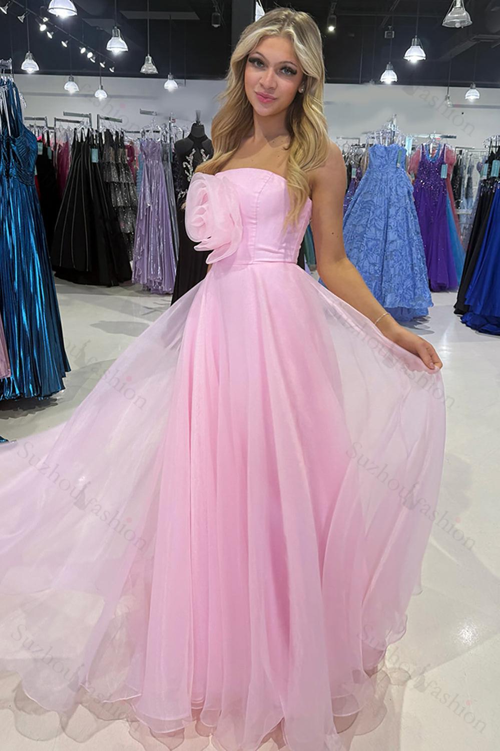 Pink Prom Dress Organza Strapless A Line Long Pageant Dress With 3D Flower