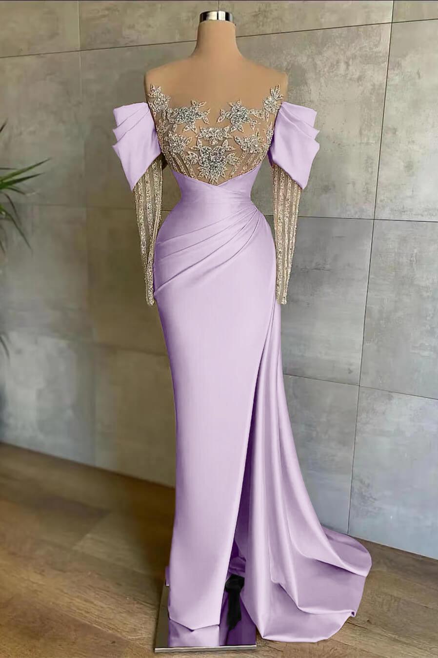 Pink Prom Dress Split Mermaid Long Sleeves Evening Formal Dress Beadings With Appliques Off the Shoulder