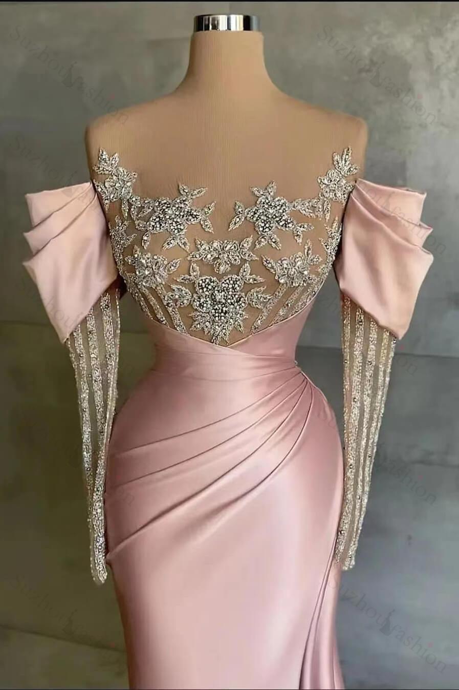 Pink Prom Dress Split Mermaid Long Sleeves Evening Formal Dress Beadings With Appliques Off the Shoulder