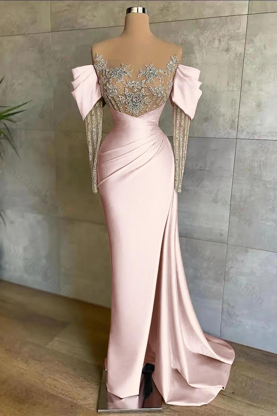Pink Prom Dress Split Mermaid Long Sleeves Evening Formal Dress Beadings With Appliques Off the Shoulder