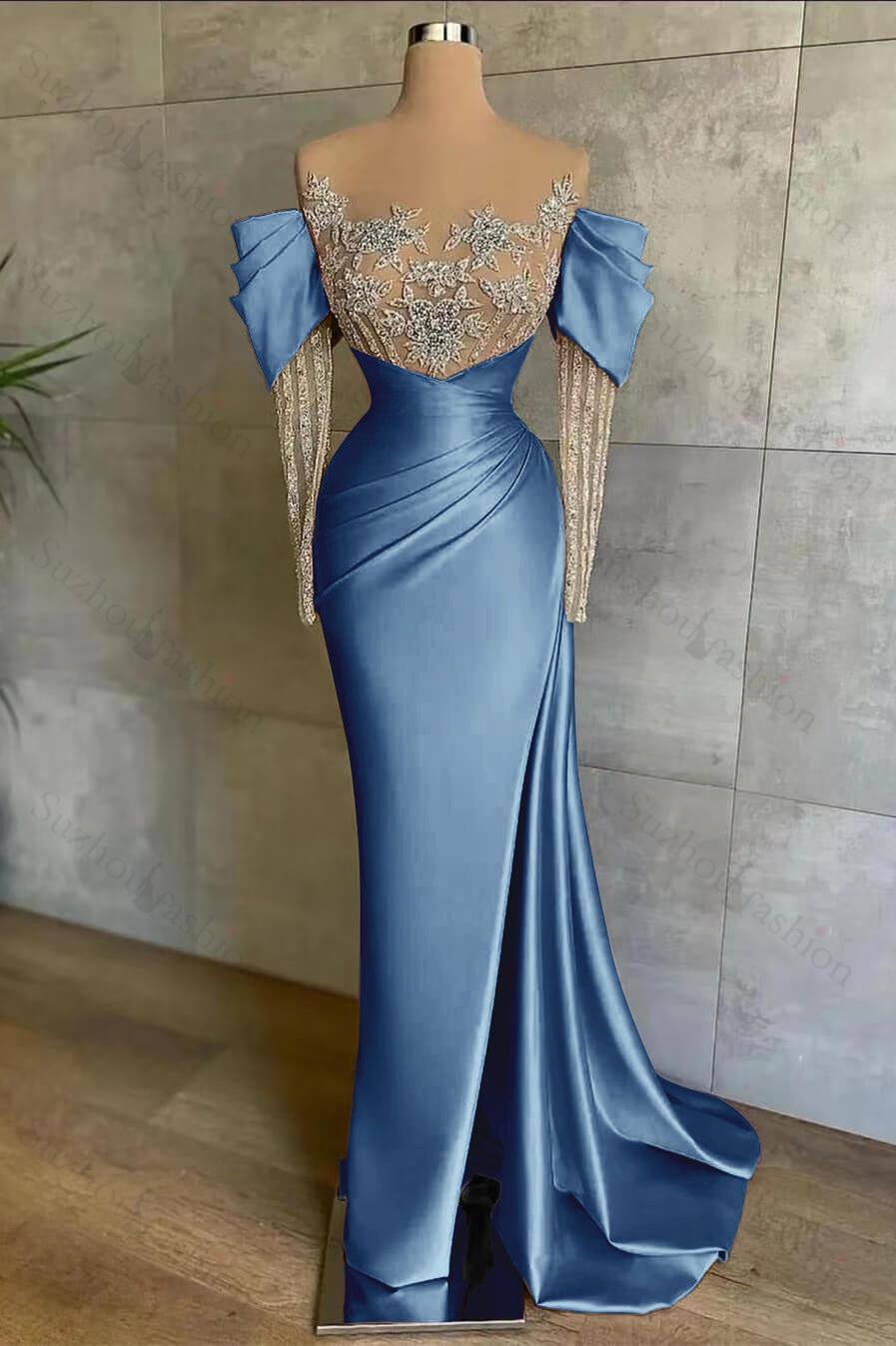 Pink Prom Dress Split Mermaid Long Sleeves Evening Formal Dress Beadings With Appliques Off the Shoulder