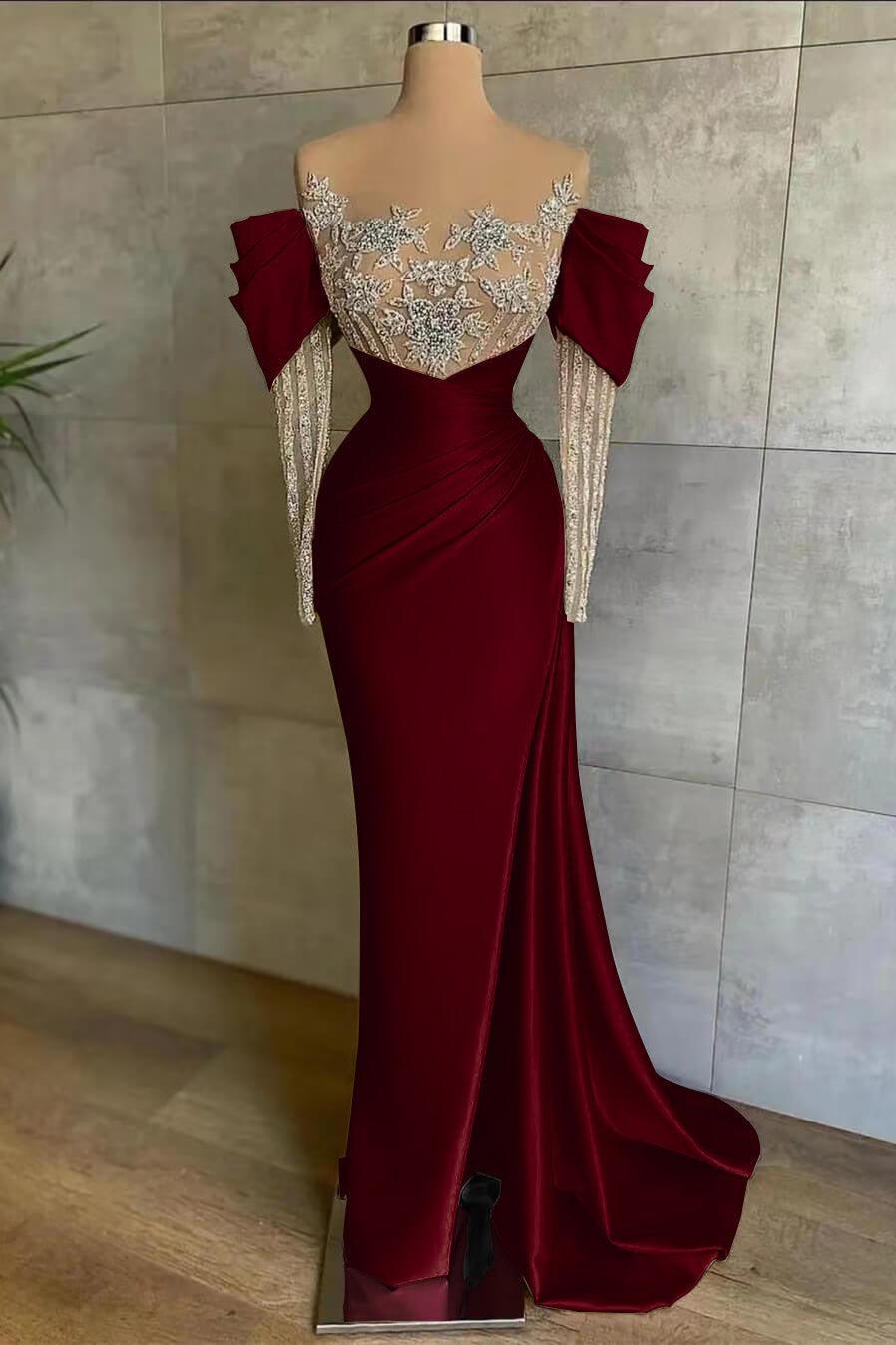 Pink Prom Dress Split Mermaid Long Sleeves Evening Formal Dress Beadings With Appliques Off the Shoulder