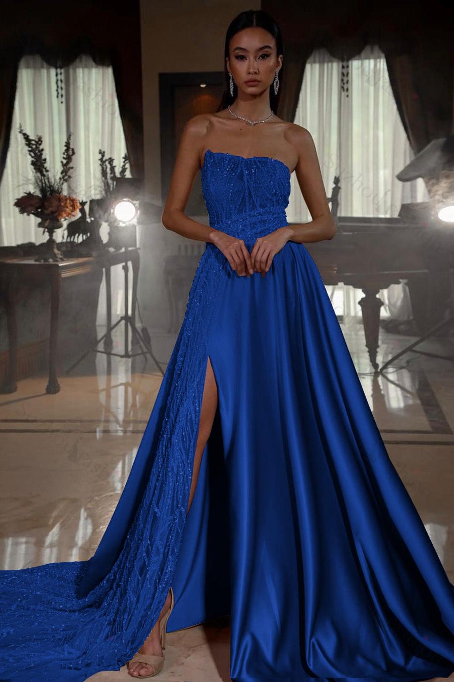 Pink Prom Dress Strapless A Line Sleeveless Sequined Long Evening Formal Dress With Front Split