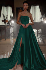 Pink Prom Dress Strapless A Line Sleeveless Sequined Long Evening Formal Dress With Front Split