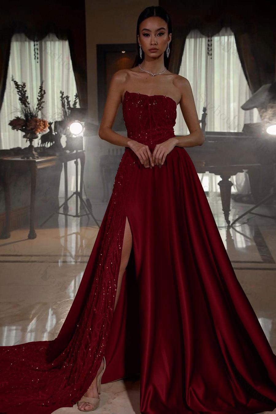 Pink Prom Dress Strapless A Line Sleeveless Sequined Long Evening Formal Dress With Front Split