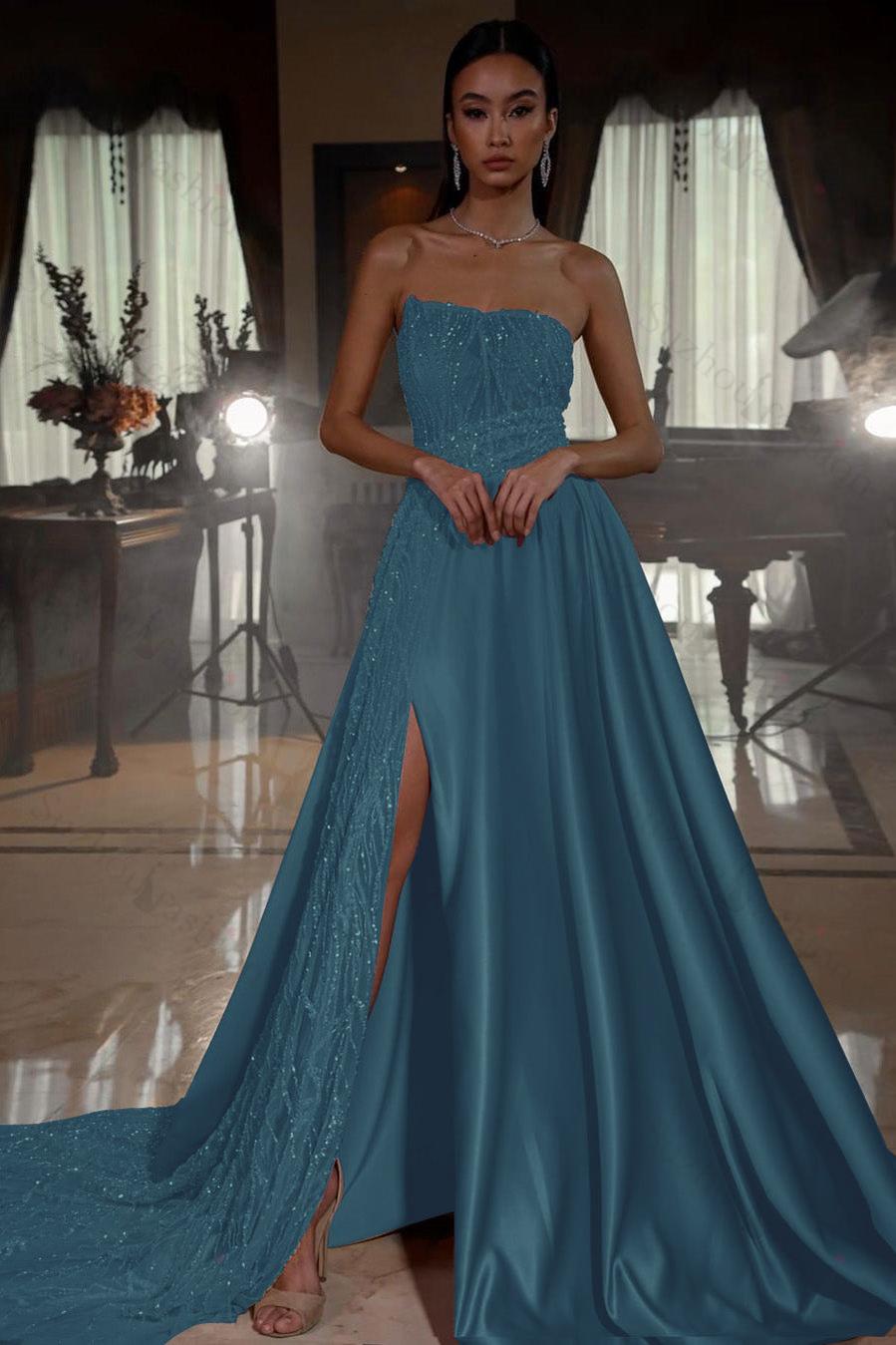 Pink Prom Dress Strapless A Line Sleeveless Sequined Long Evening Formal Dress With Front Split