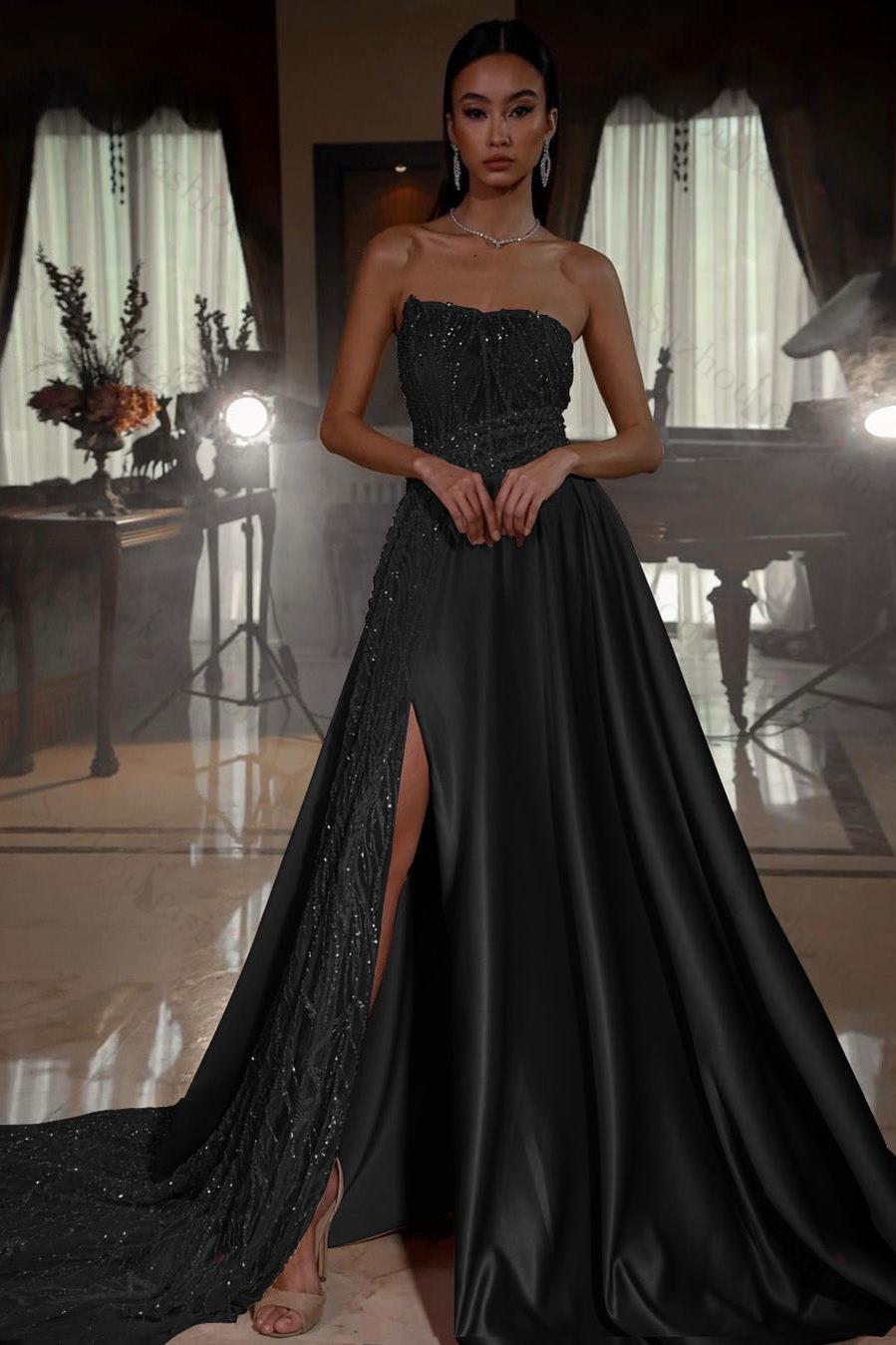 Pink Prom Dress Strapless A Line Sleeveless Sequined Long Evening Formal Dress With Front Split