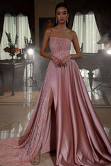Pink Prom Dress Strapless A Line Sleeveless Sequined Long Evening Formal Dress With Front Split