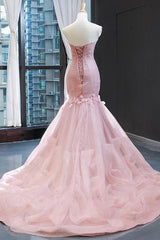 Pink Prom Dress Sweetheart Mermaid Sleeveless Evening Formal Dress With Tulle Ruffles