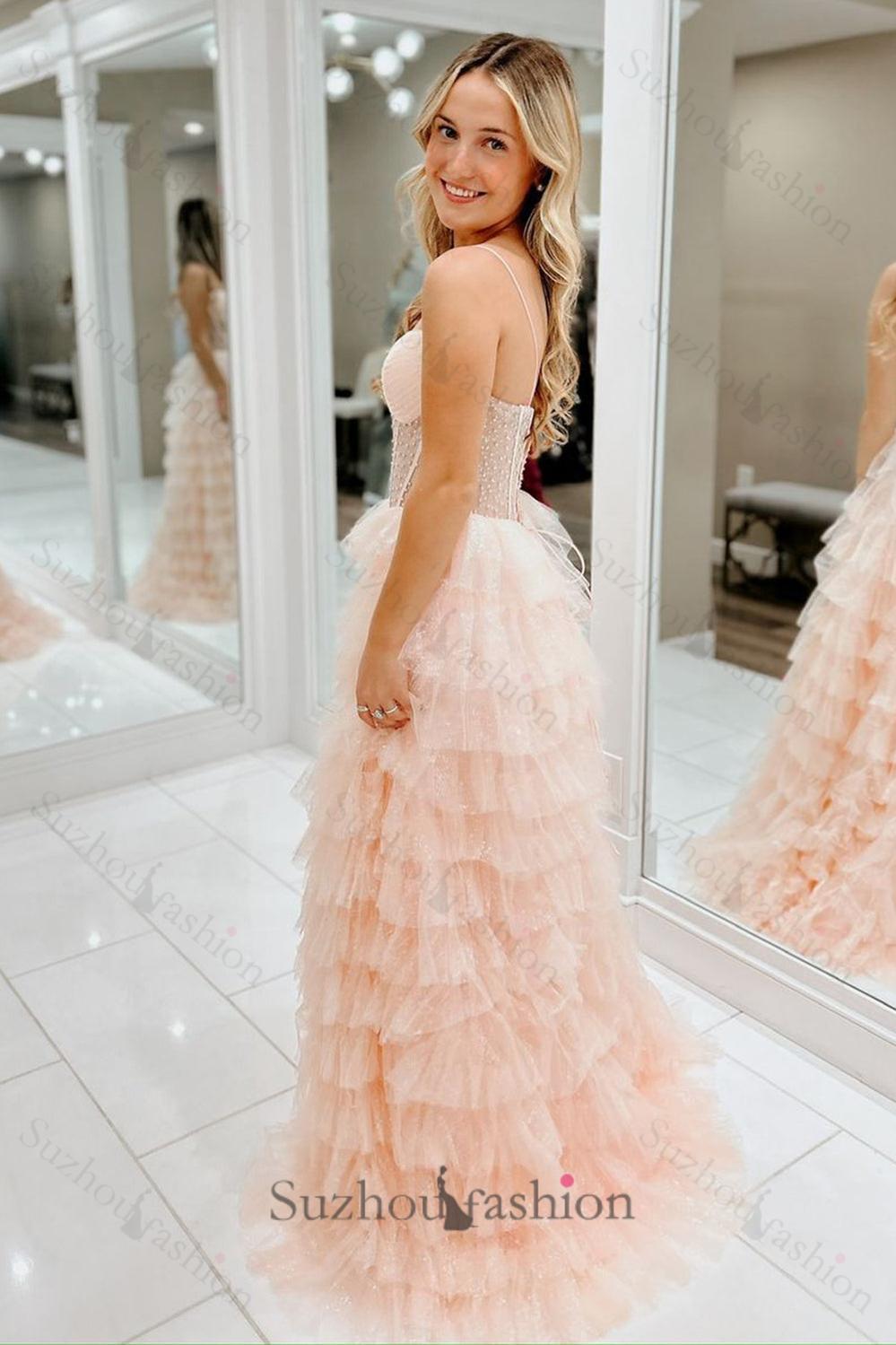 Suzhoufashion Pink Prom Dress Tiered A-Line Spaghetti Straps Long Formal Dress Suzhoufashion Pink Prom Dress Tiered A-Line Spaghetti Straps Long Formal Dress