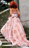 Pink Rose Strapless Wedding Gowns A-line Bow Sweep Train Romantic Bridal Dresses