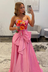 Suzhoufashion Pink Satin Corset Prom Dress With Neckline Pearl Trim & Oversized Bow Formal Evening Gown