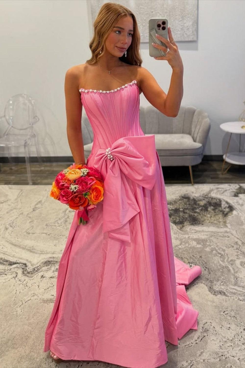 Suzhoufashion Pink Satin Corset Prom Dress With Neckline Pearl Trim & Oversized Bow Formal Evening Gown – suzhoufashion