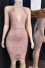 Pink Spaghetti Straps Homecoming Dress Sequins Short Sheath Cocktail Dresses