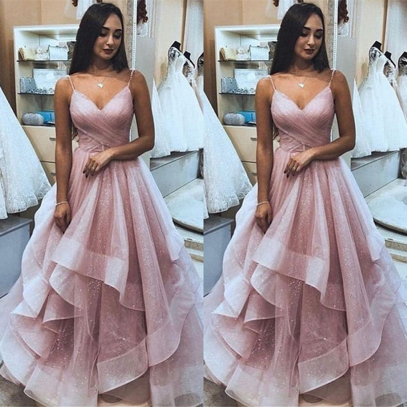 Pink Spaghetti-Straps Ruffle A-Line Prom Dress | Elegant Sleeveless Tulle Prom Gown