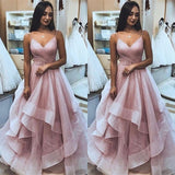 Pink Spaghetti-Straps Ruffle A-Line Prom Dress | Elegant Sleeveless Tulle Prom Gown