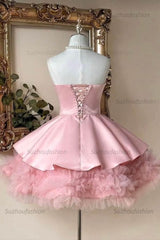 Pink Strapless A-Line Mini Homecoming Dress Satin Bow & Tulle Ruffle Hem