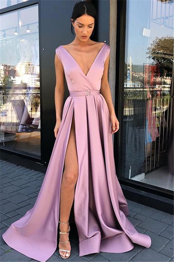 Pink Straps Side-Slit A-Line Prom Dresses | Sexy Deep-V-Neck Sleeveless Evening Gown