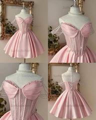 Pink Sweetheart Corset A-Line Mini Homecoming Dress Pearl Straps & Lace Bodice