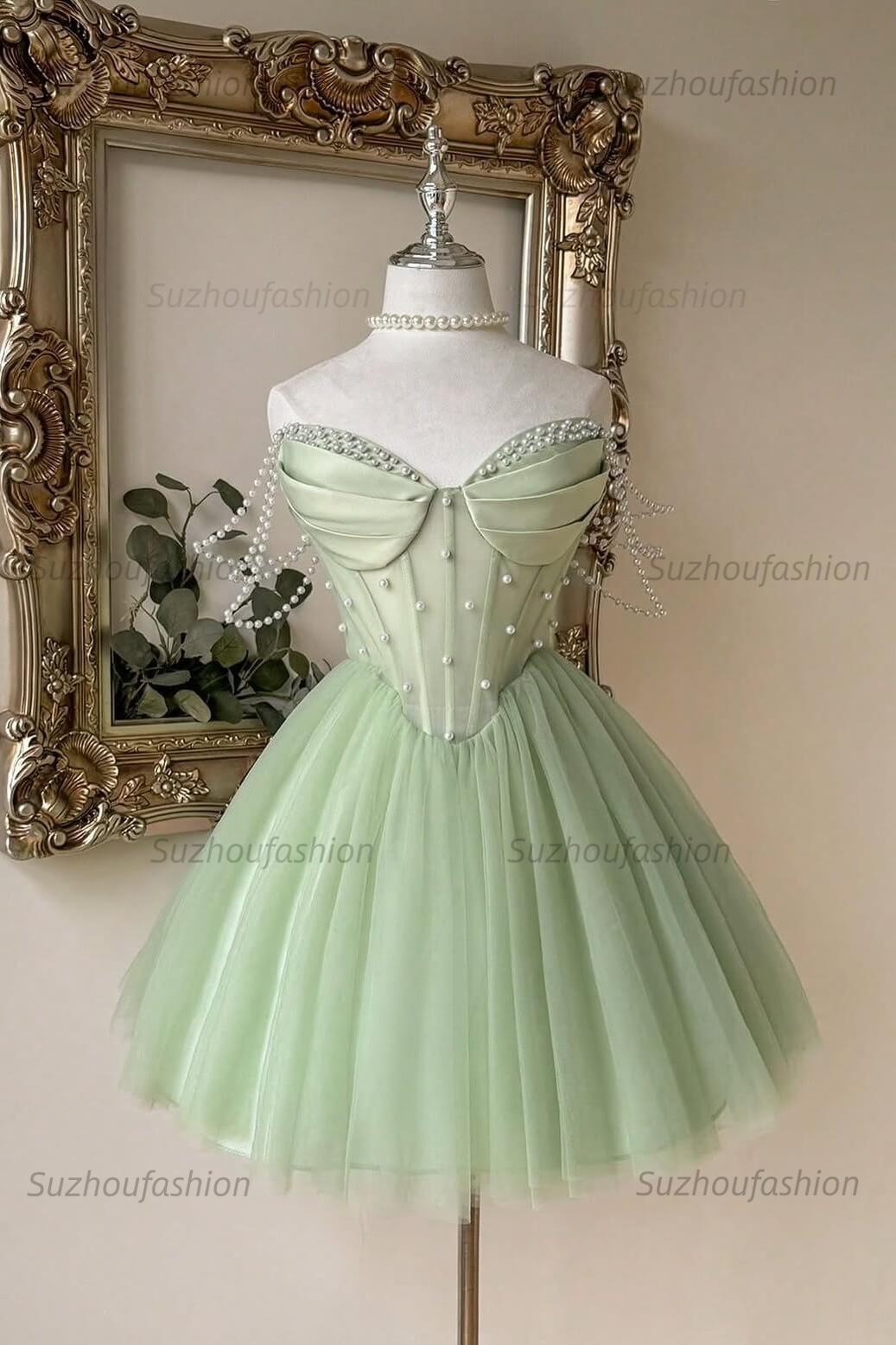 Pink Sweetheart Corset A-Line Mini Homecoming Dress Pearl Straps & Lace Bodice