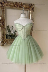 Pink Sweetheart Corset A-Line Mini Homecoming Dress Pearl Straps & Lace Bodice